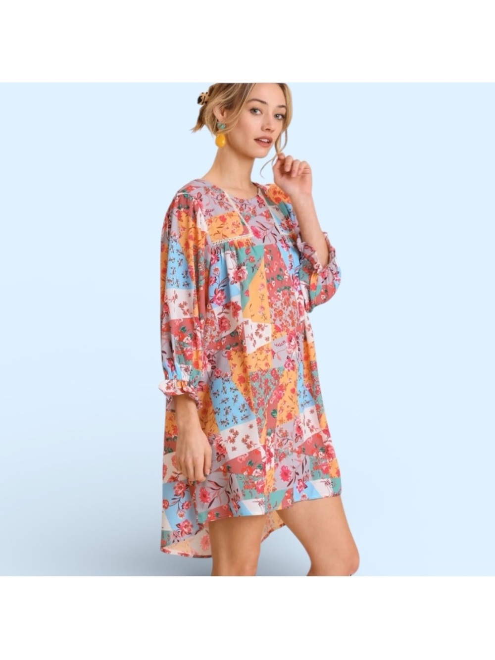 Umgee Floral Patchwork Long Sleeve Shift Dress cottagecore romantic festival - Picture 13 of 14